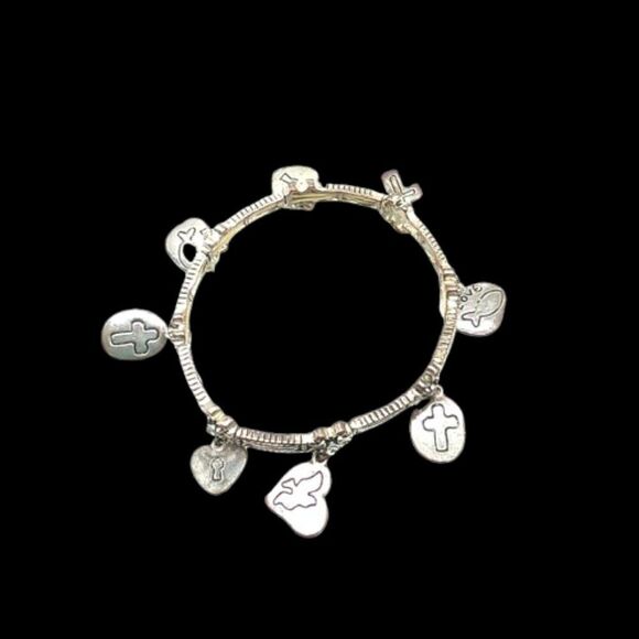 Inspirational Cross, Heart, Fish Stretch Silver-tone Charm Bracelet - Picture 7 of 8